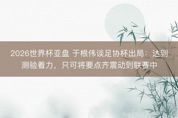2026世界杯亚盘 于根伟谈足协杯出局:达到测验着力,只可将要点齐震动到联赛中